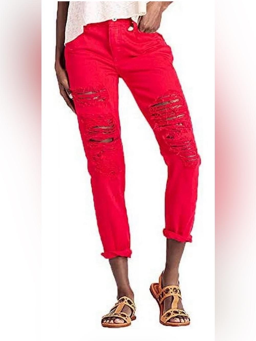 NWT Lucky Brand 100% Cotton Sienna Slim Boyfriend Red Ripped Ankle Jeans Size 25